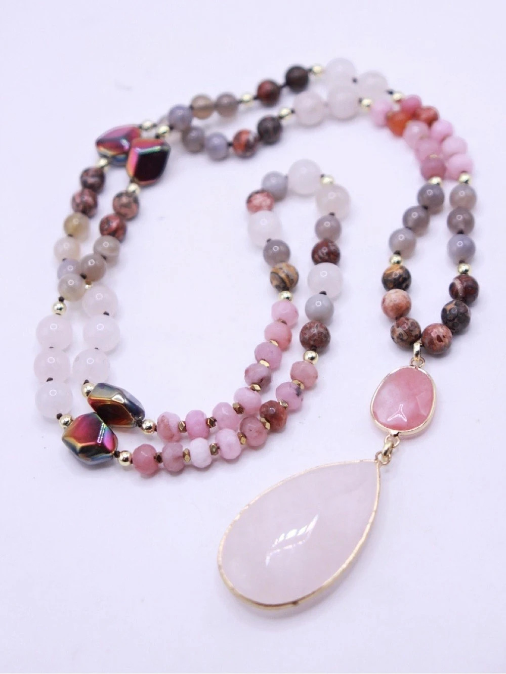 Pink rose quartz stone Beaded Pendant Necklace 34”